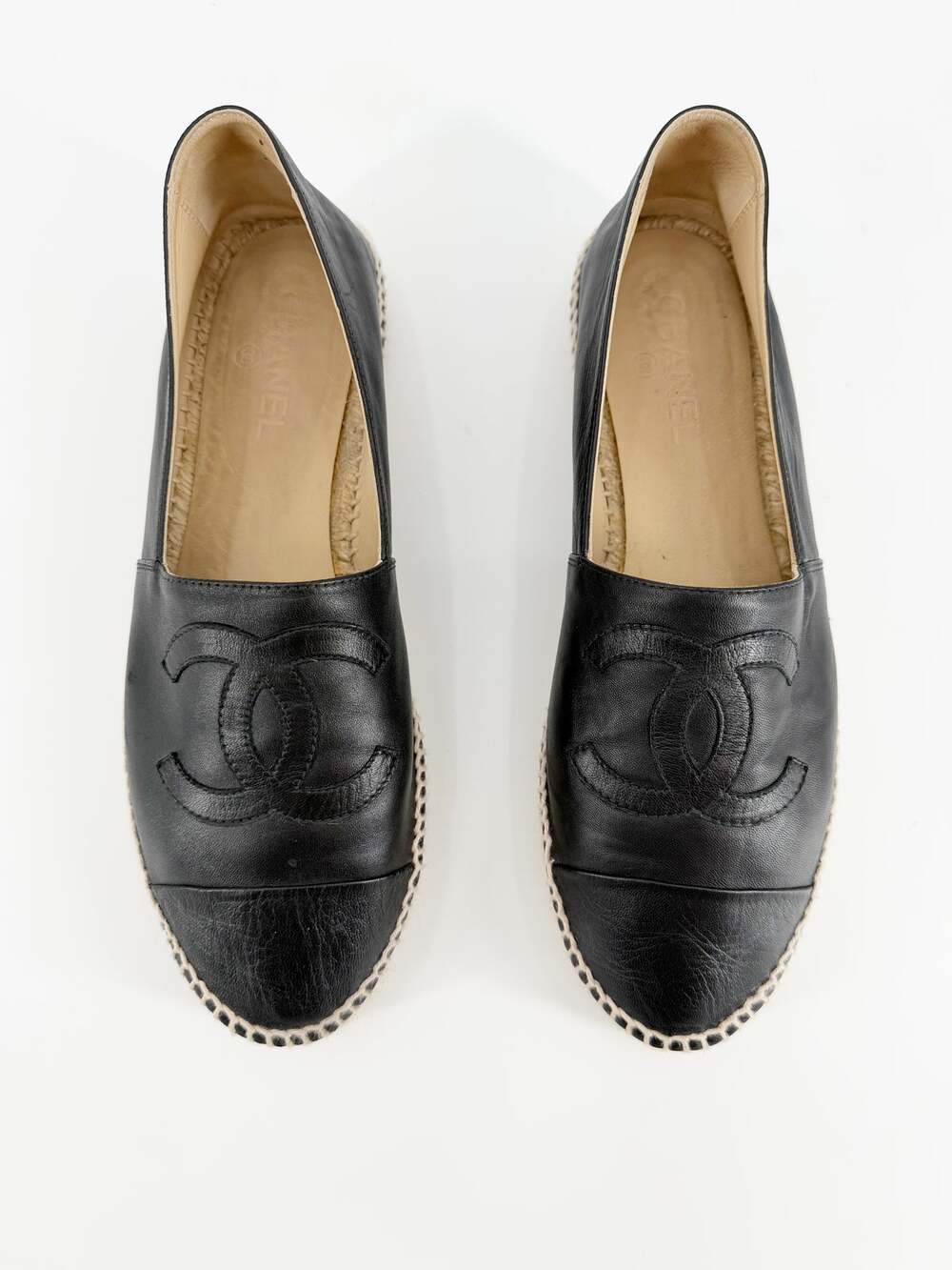 Chanel Black Lambskin Leather CC Logo Espadrilles Slip On Flats Size 42 EU 10.5